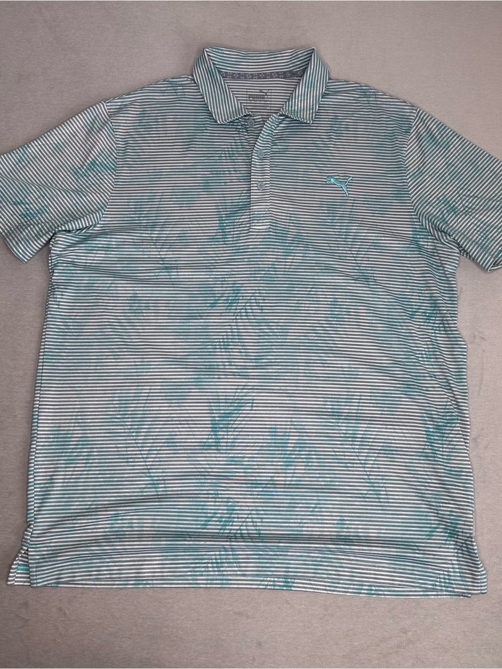 Puma Men's Teal and Grey Striped Polo with Subtle Pattern